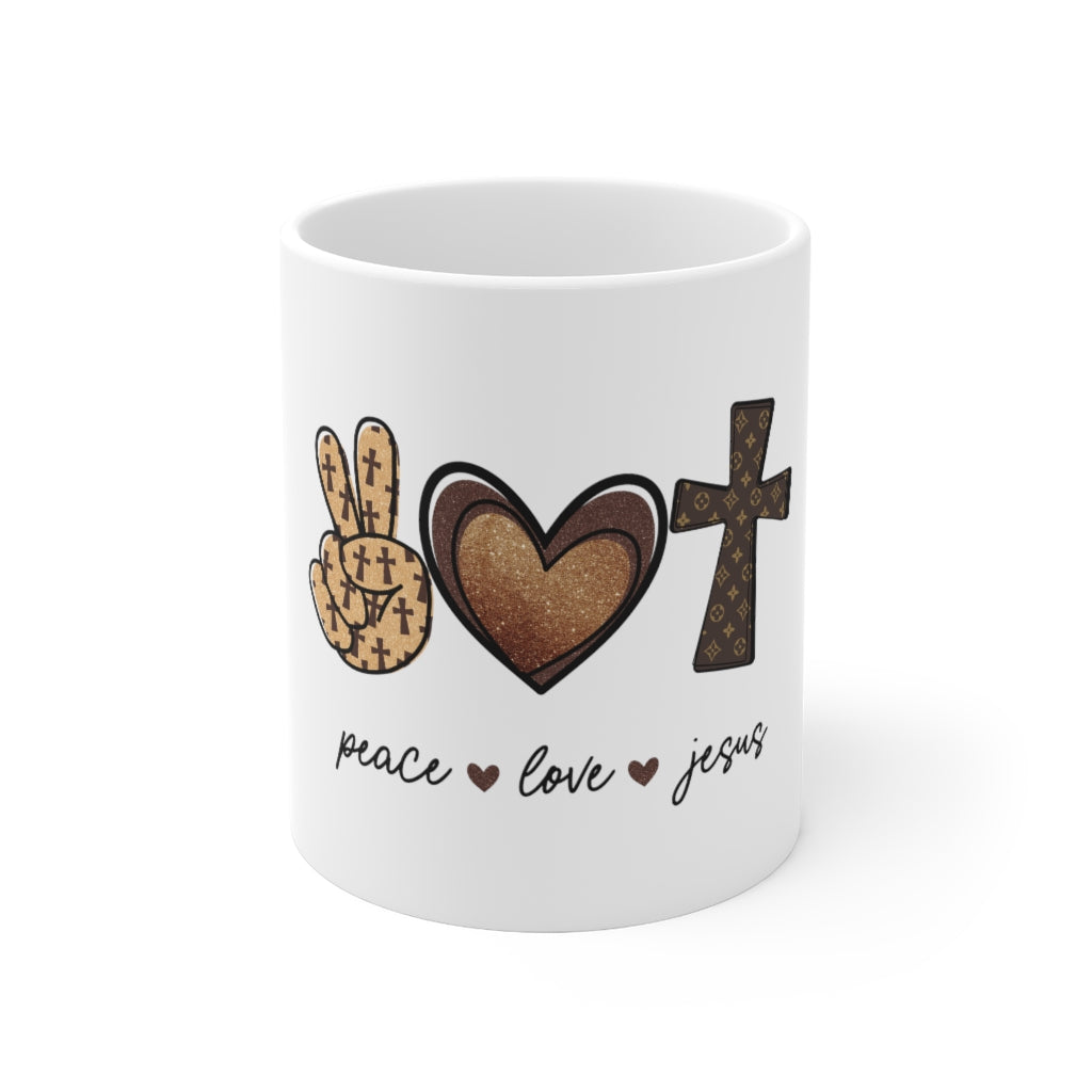 Peace Love Jesus Monogram Mug